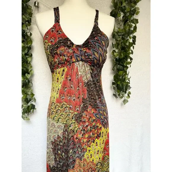 Raindrops by Papillon Black Orange Peacock Maxi Dress Women's Small - Picture 3 of 12